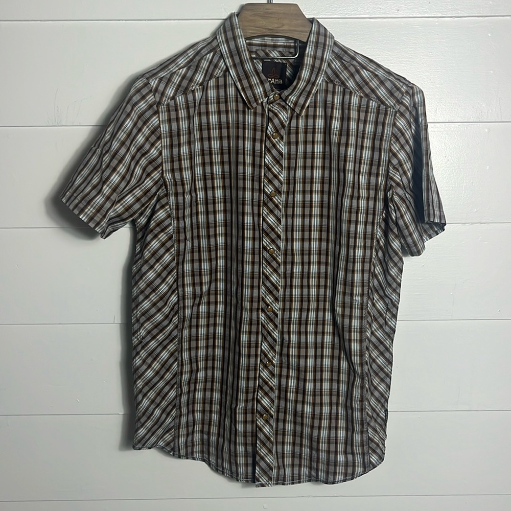 PrAna Mens XL Short Sleeve Snap Button Shirt Brown Organic cotton Poly Blend